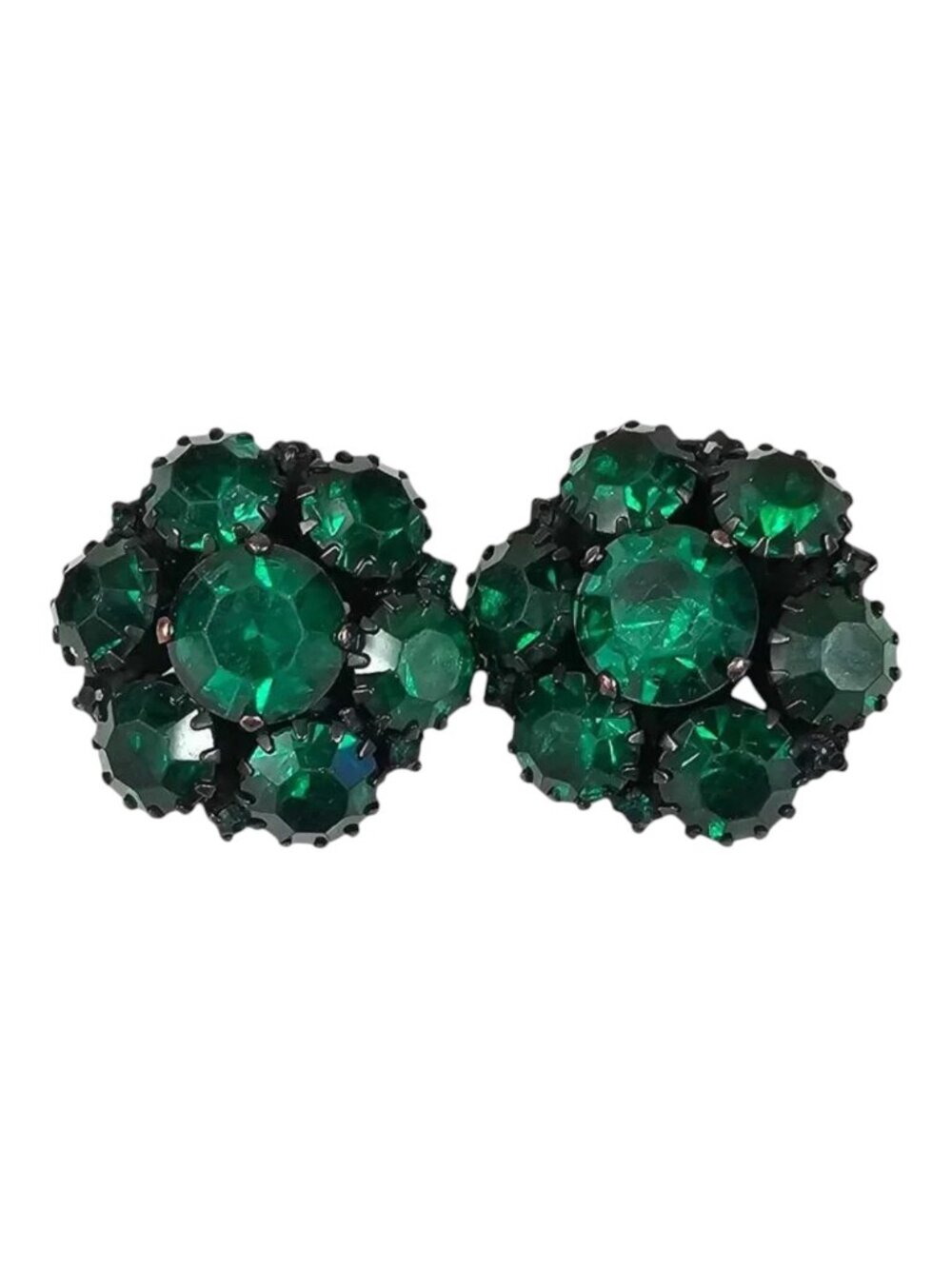 Warner Vtg 50s Emerald Green Czech Crystal Rhinestone 1" Clip Earrings Signed